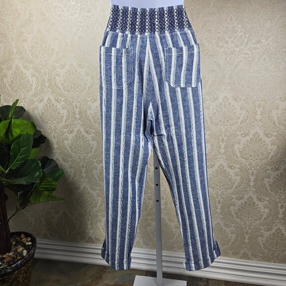 Sincerely Jules Sz S Blue White Striped Linen Blend Pants Elastic Smocked Waist - Picture 5 of 12